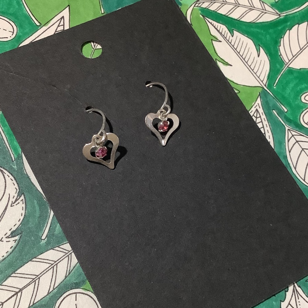 Silver Heart Earrings with Pink Gem